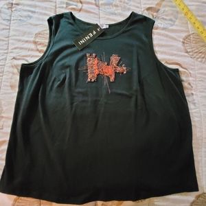 2X Plus Fenini Black Cotton Tank Top with Orange Embroidery